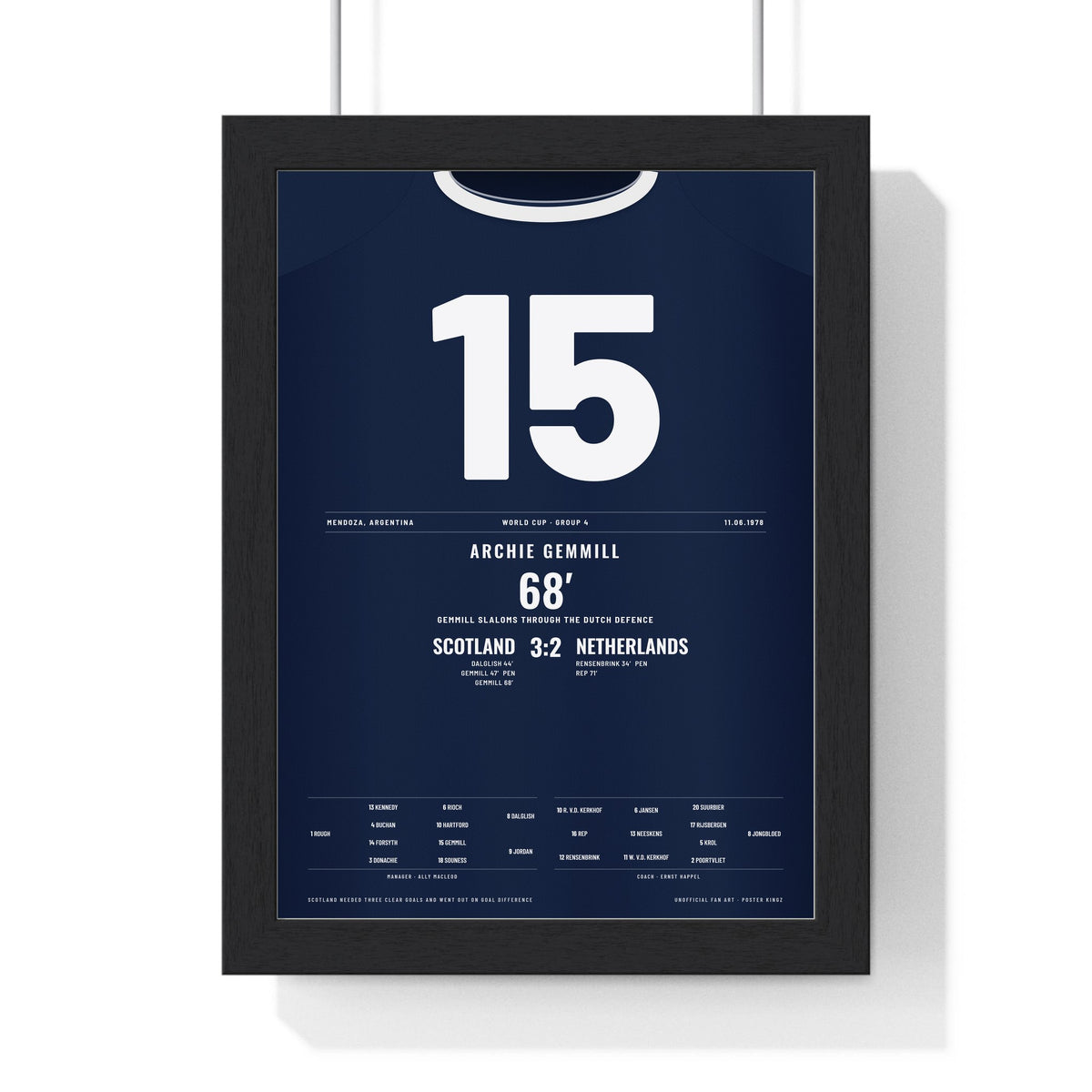 Scotland World Cup 1978 Poster - Archie Gemmill 15 Goal v Netherlands Shirt Print framed in a black frame, ready to hang