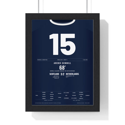 Scotland World Cup 1978 Poster - Archie Gemmill 15 Goal v Netherlands Shirt Print framed in a black frame, ready to hang