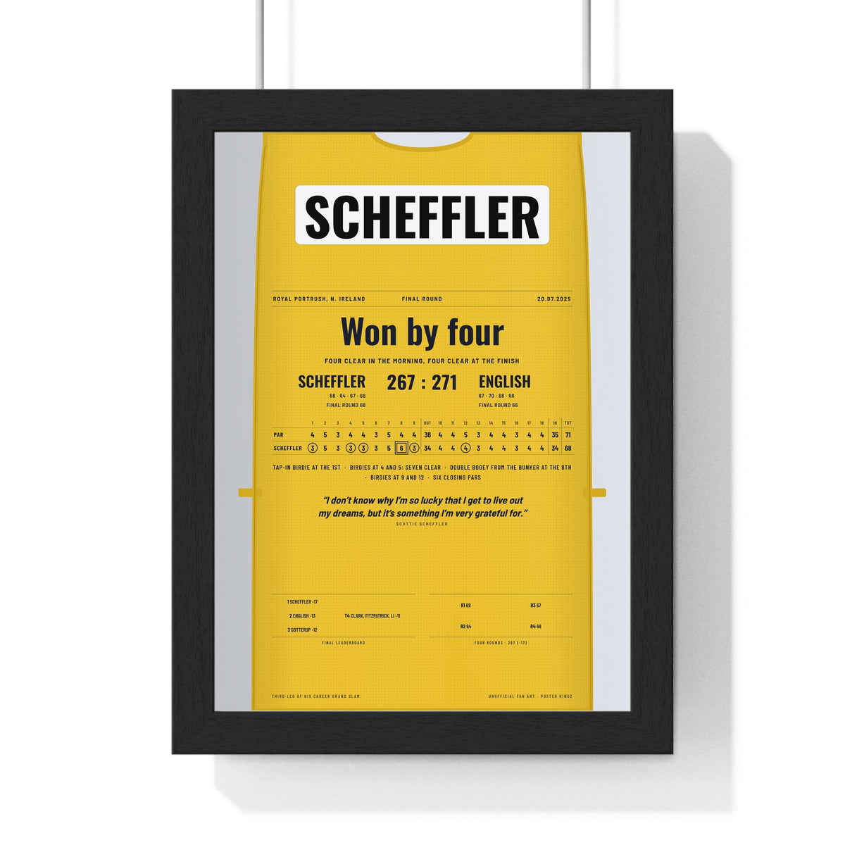 Scottie Scheffler Royal Portrush 2025 Golf Poster - Caddie Bib 4 Shot Win Print framed in a black frame, ready to hang