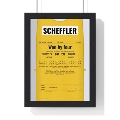 Scottie Scheffler Royal Portrush 2025 Golf Poster - Caddie Bib 4 Shot Win Print framed in a black frame, ready to hang