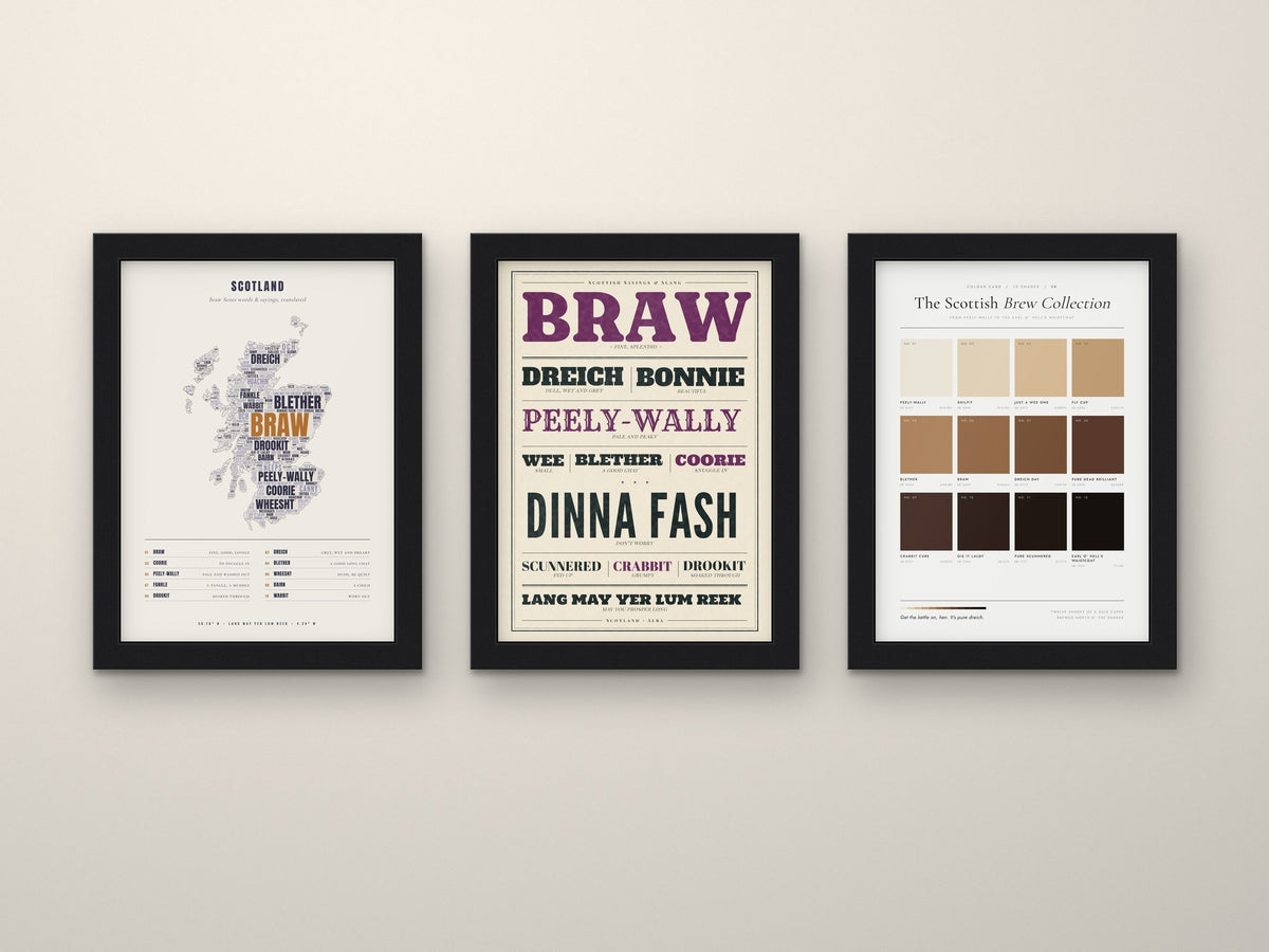 Scottish Sayings Set of 3 Prints framed side by side on a wall