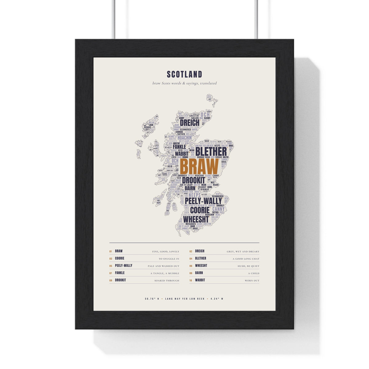 Scottish Sayings Word Map in a black frame, one of the three prints in the Scottish set