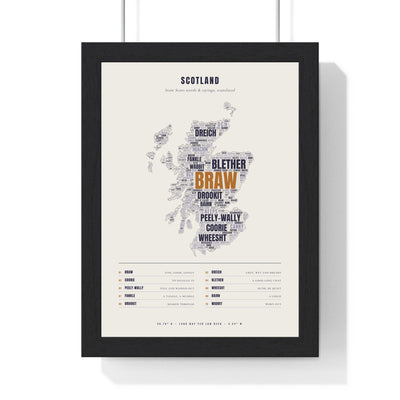 Scottish Sayings Word Map in a black frame, one of the three prints in the Scottish set