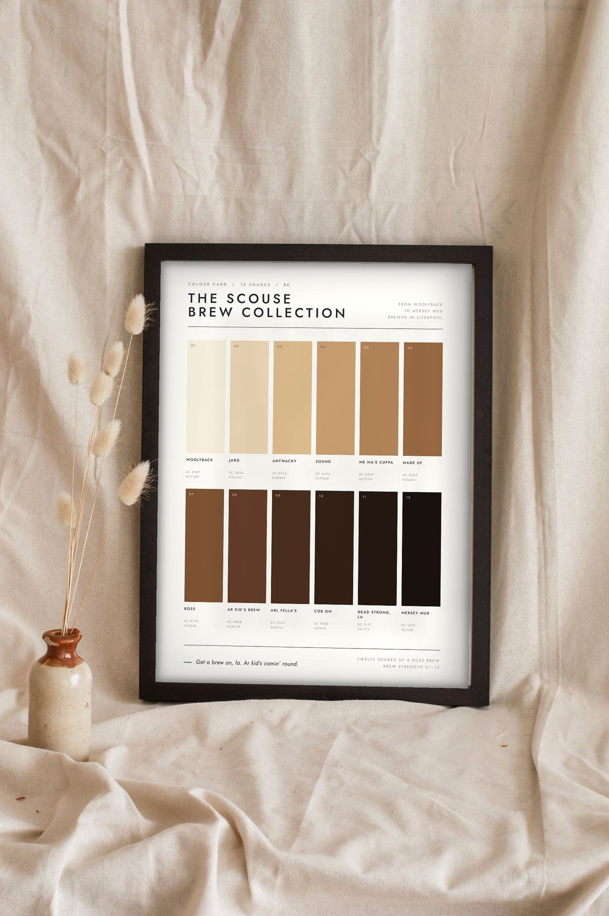 Scouse Brew Colour Chart in a black frame propped up on linen