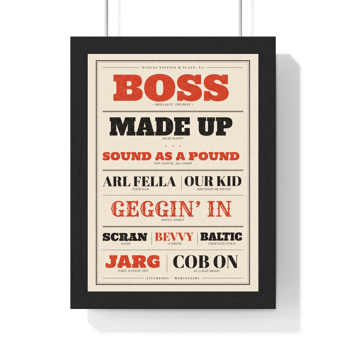 Scouse Sayings Print in a black frame