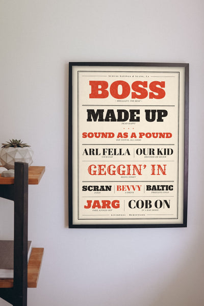 Scouse Sayings Print framed on a wall