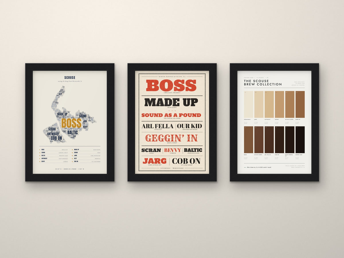Scouse Sayings Set of 3 Prints framed side by side on a wall