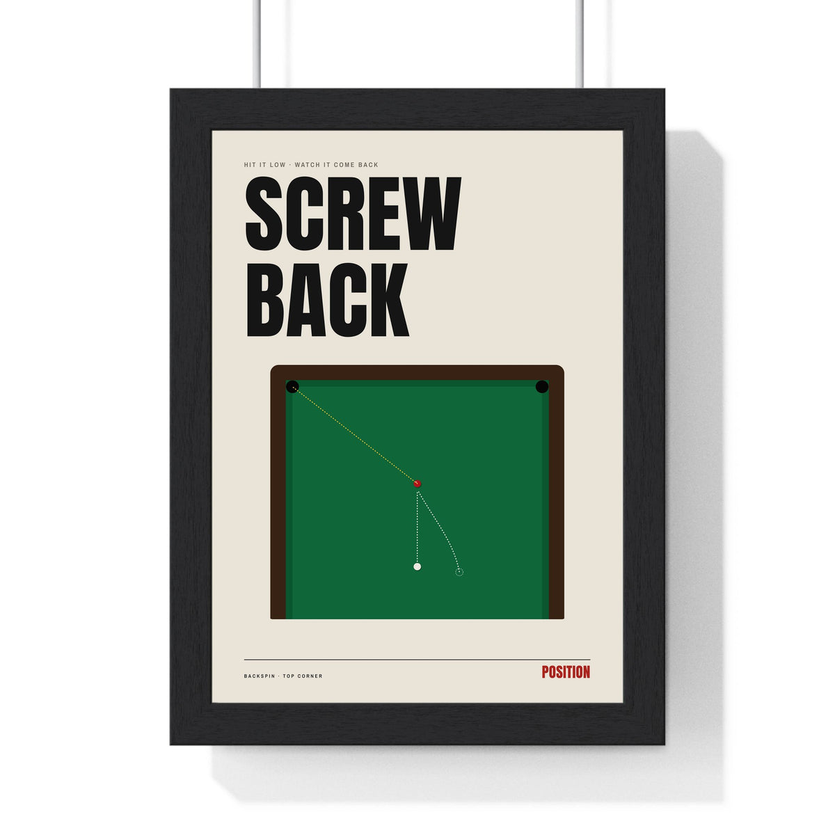 Screw Back Snooker print framed in a black frame, ready to hang