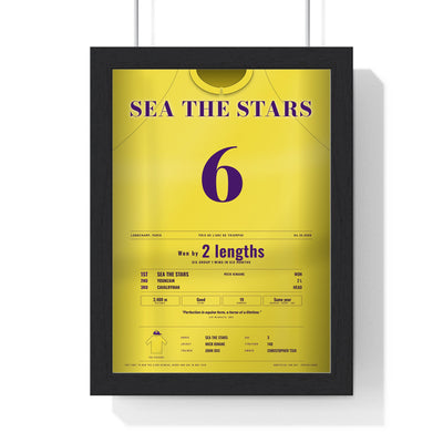 Sea The Stars Prix de l'Arc de Triomphe 2009 Horse Racing Poster - Six Group 1s Silks Print framed in a black frame, ready to hang