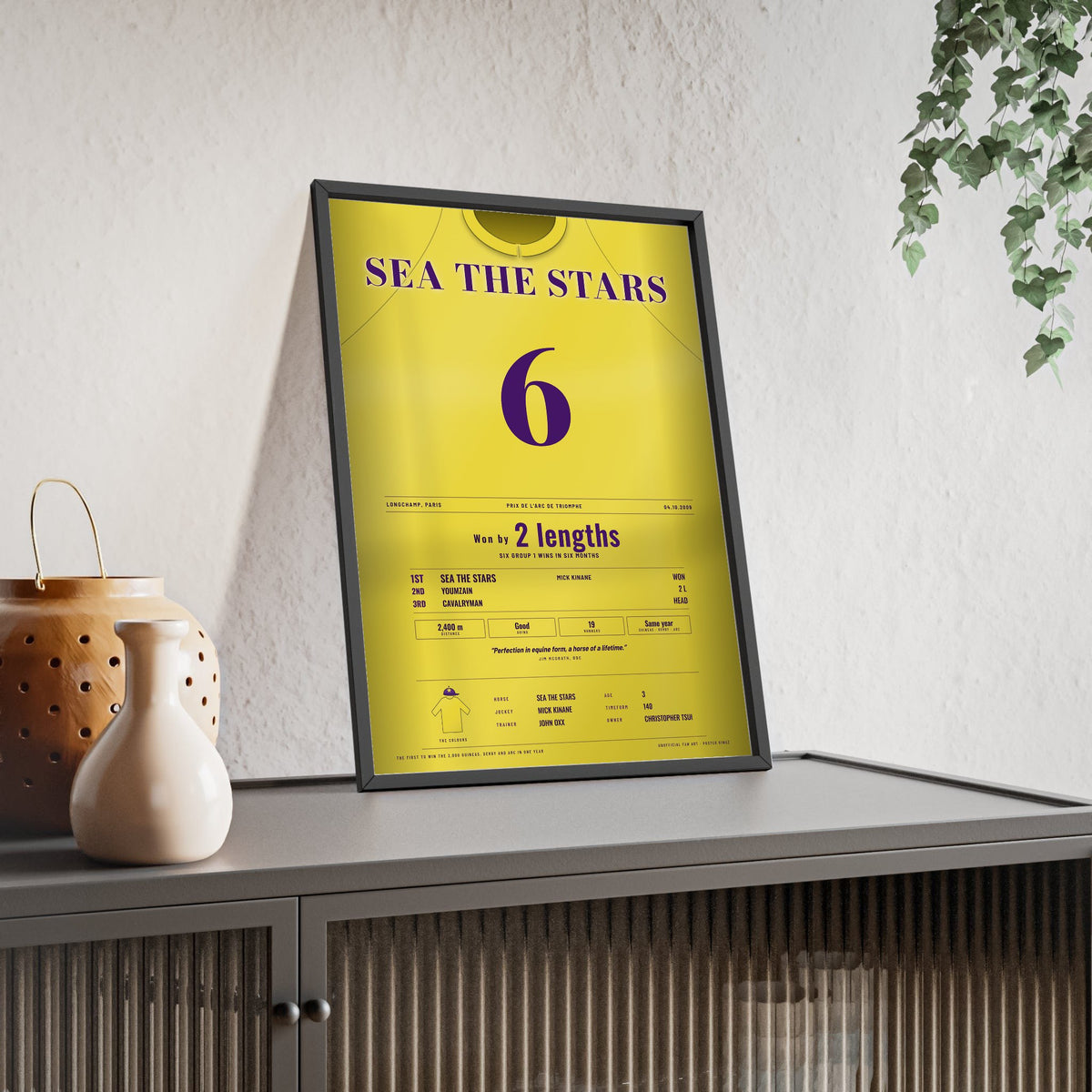 Sea The Stars Prix de l'Arc de Triomphe 2009 Horse Racing Poster - Six Group 1s Silks Print framed and leaning on a sideboard