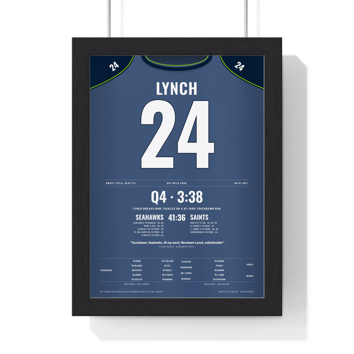 Seattle Seahawks 2011 Wild Card Poster - Marshawn Lynch 24 Beast Quake Jersey Print framed in a black frame, ready to hang