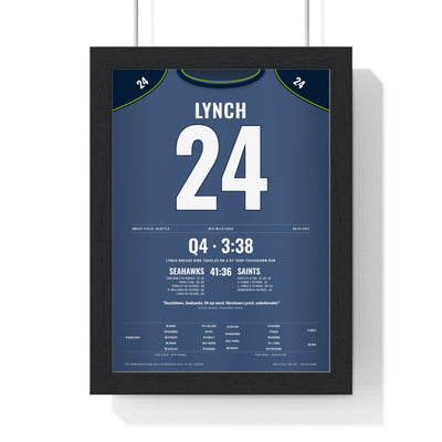 Seattle Seahawks 2011 Wild Card Poster - Marshawn Lynch 24 Beast Quake Jersey Print framed in a black frame, ready to hang
