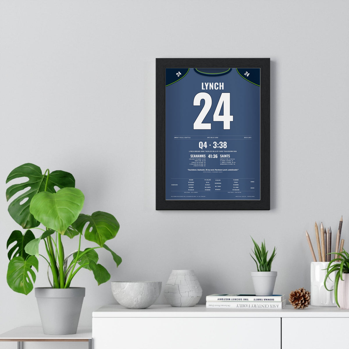 Seattle Seahawks 2011 Wild Card Poster - Marshawn Lynch 24 Beast Quake Jersey Print framed on a living room wall