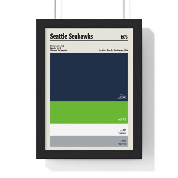 Seattle Seahawks colour swatch print framed in black MDF frame with perspex front, displaying navy, action green, white and wolf grey team colours