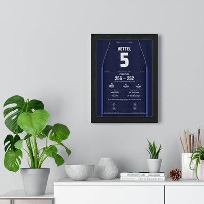 Sebastian Vettel 2010 Abu Dhabi Grand Prix Win and World Title Poster - 5 Race Suit Print framed on a living room wall