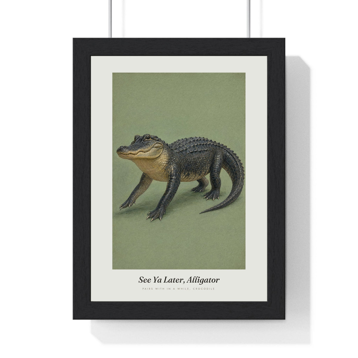 See Ya Later Alligator Print framed in a black frame, ready to hang