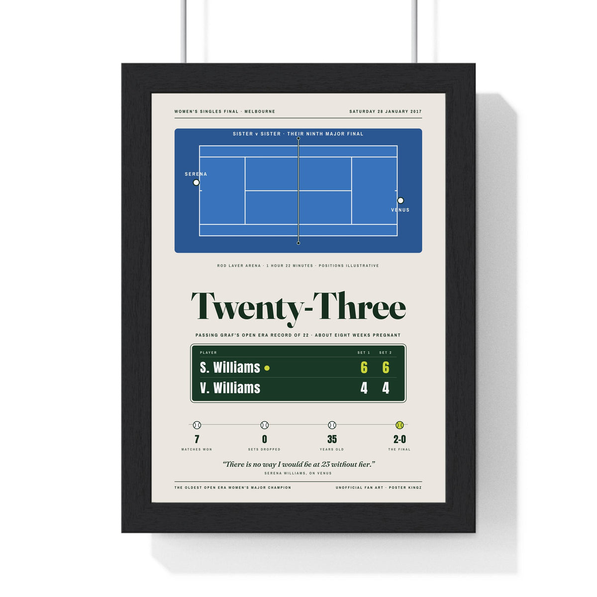 Serena Williams Australian Open 2017 Final Tennis Poster framed in a black frame, ready to hang
