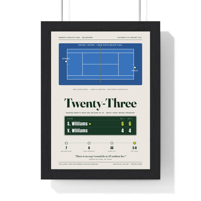 Serena Williams Australian Open 2017 Final Tennis Poster framed in a black frame, ready to hang