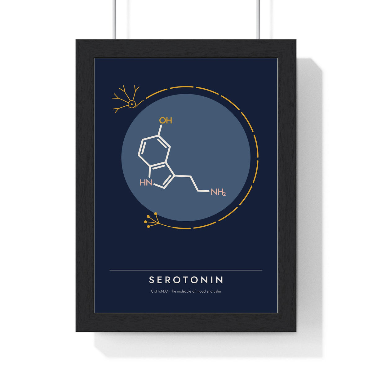 Serotonin Molecule print framed in a black frame, ready to hang