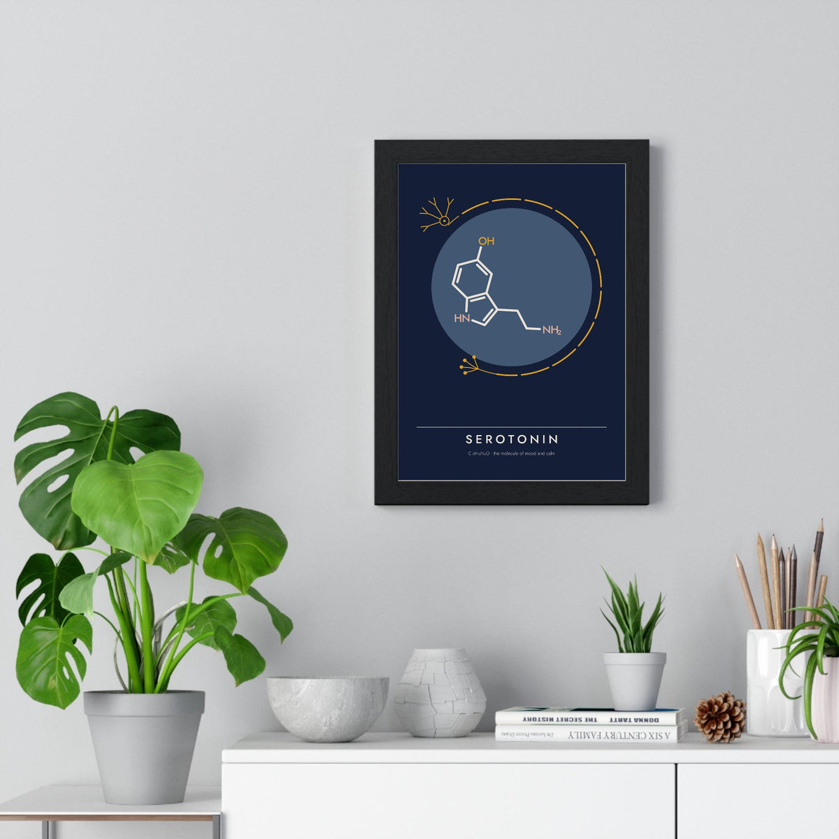 Serotonin Molecule print framed on a living room wall
