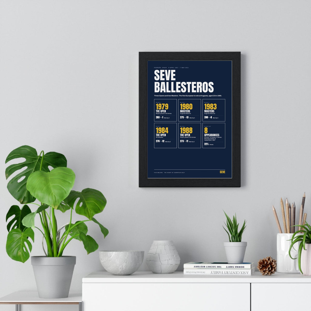 Seve Ballesteros print framed on a living room wall