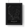 Seville street map poster in black, minimal city map print framed in a black frame