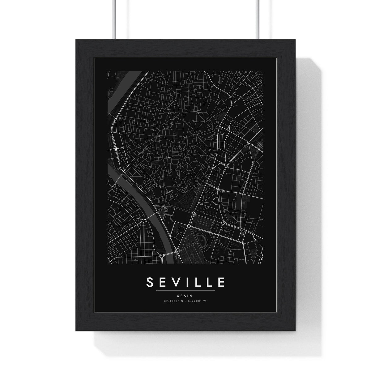 Seville street map poster in black, minimal city map print framed in a black frame
