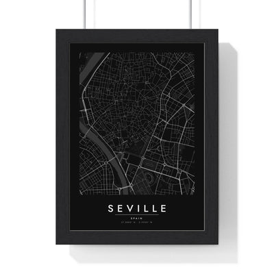 Seville street map poster in black, minimal city map print framed in a black frame