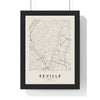 Seville street map poster in cream, minimal city map print framed in a black frame