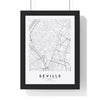 Seville street map poster in white, minimal city map print framed in a black frame