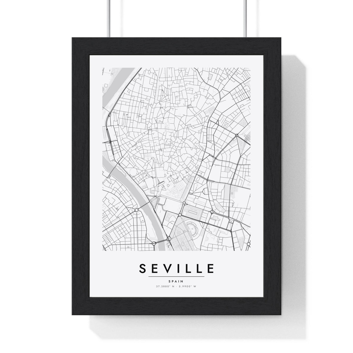 Seville street map poster in white, minimal city map print framed in a black frame