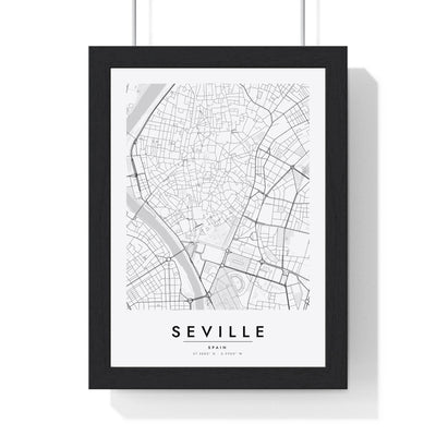 Seville street map poster in white, minimal city map print framed in a black frame