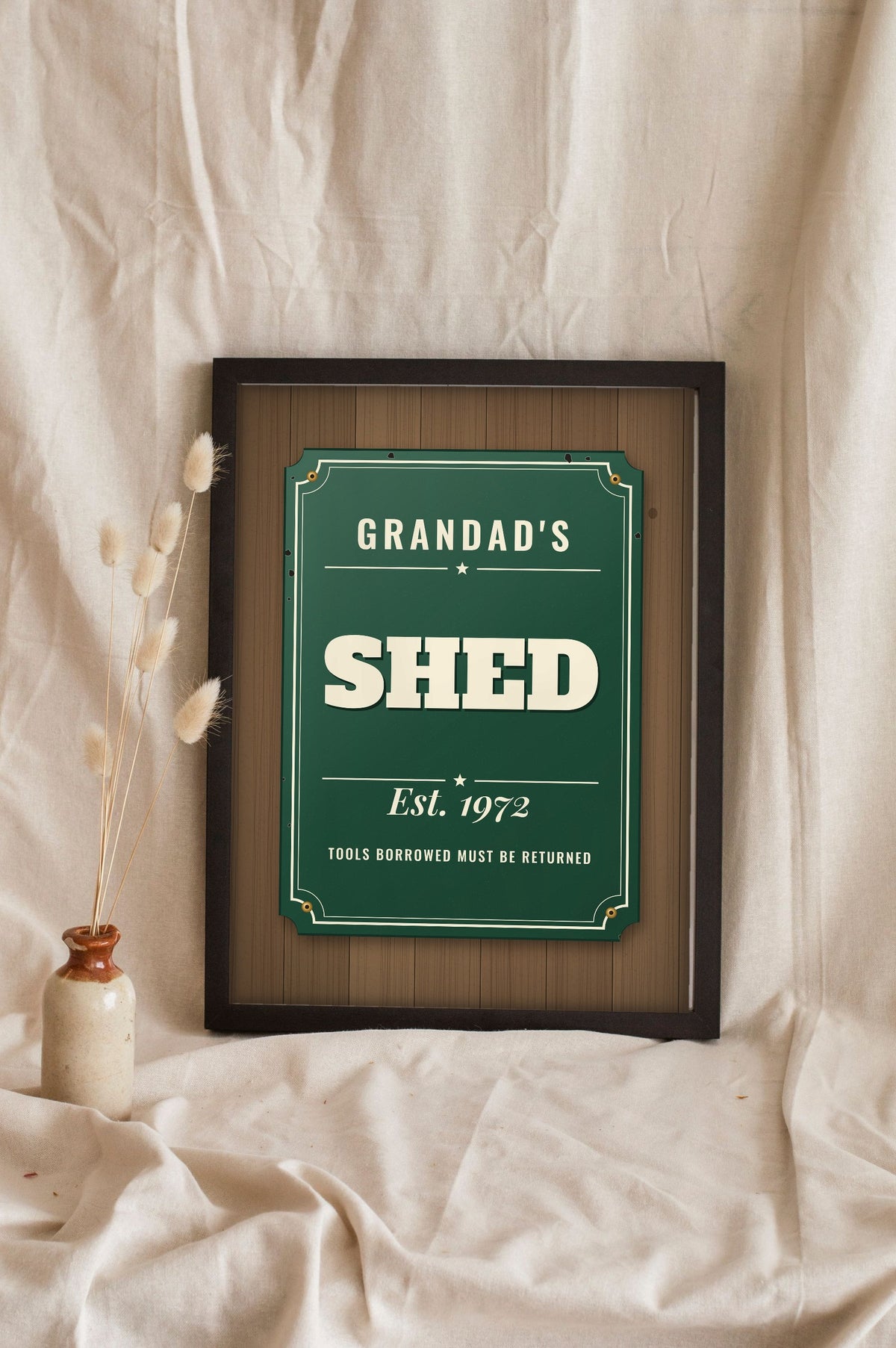 Personalised Shed Sign Print - Lifestyle - leaning in a frame with dried flowers