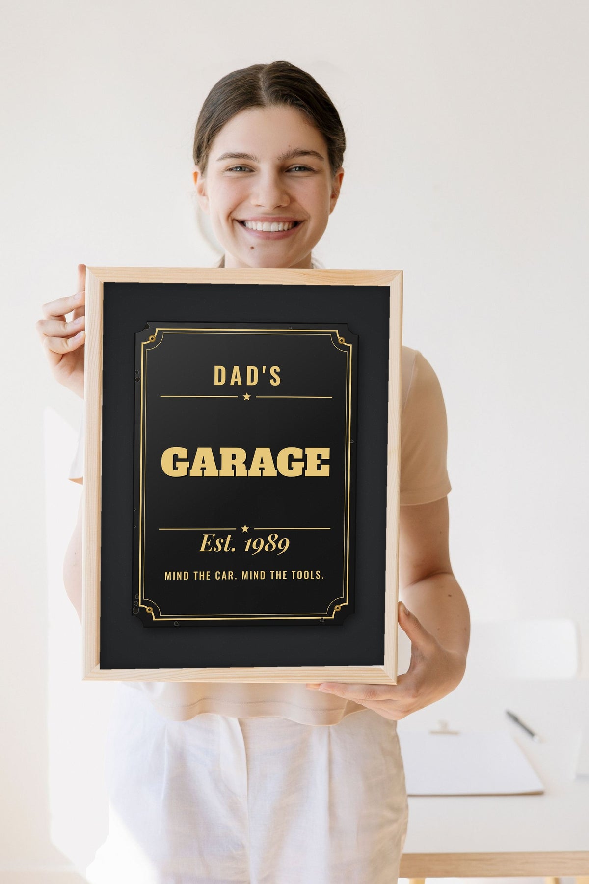 Personalised Shed Sign Print - Lifestyle - held by a smiling woman