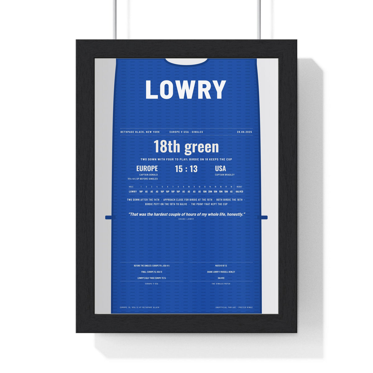 Shane Lowry Bethpage 2025 Golf Poster - Caddie Bib Europe v USA Birdie on 18 Print framed in a black frame, ready to hang