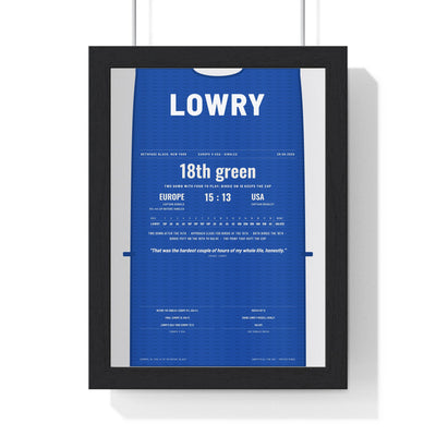 Shane Lowry Bethpage 2025 Golf Poster - Caddie Bib Europe v USA Birdie on 18 Print framed in a black frame, ready to hang