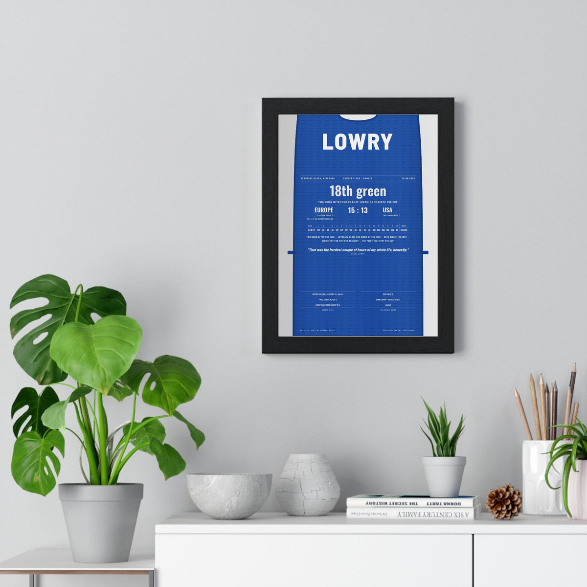 Shane Lowry Bethpage 2025 Golf Poster - Caddie Bib Europe v USA Birdie on 18 Print framed on a living room wall