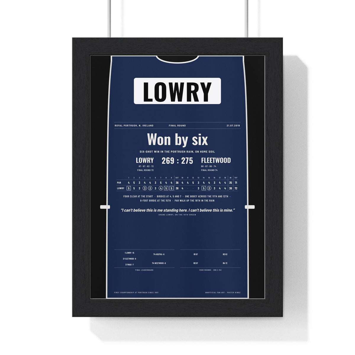 Shane Lowry Royal Portrush 2019 Golf Poster - Caddie Bib 6 Shot Win Print framed in a black frame, ready to hang