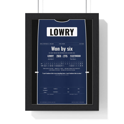 Shane Lowry Royal Portrush 2019 Golf Poster - Caddie Bib 6 Shot Win Print framed in a black frame, ready to hang