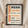 Sheffield Sayings Print in a black frame propped up on linen