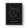Sheffield street map poster in black, minimal city map print framed in a black frame