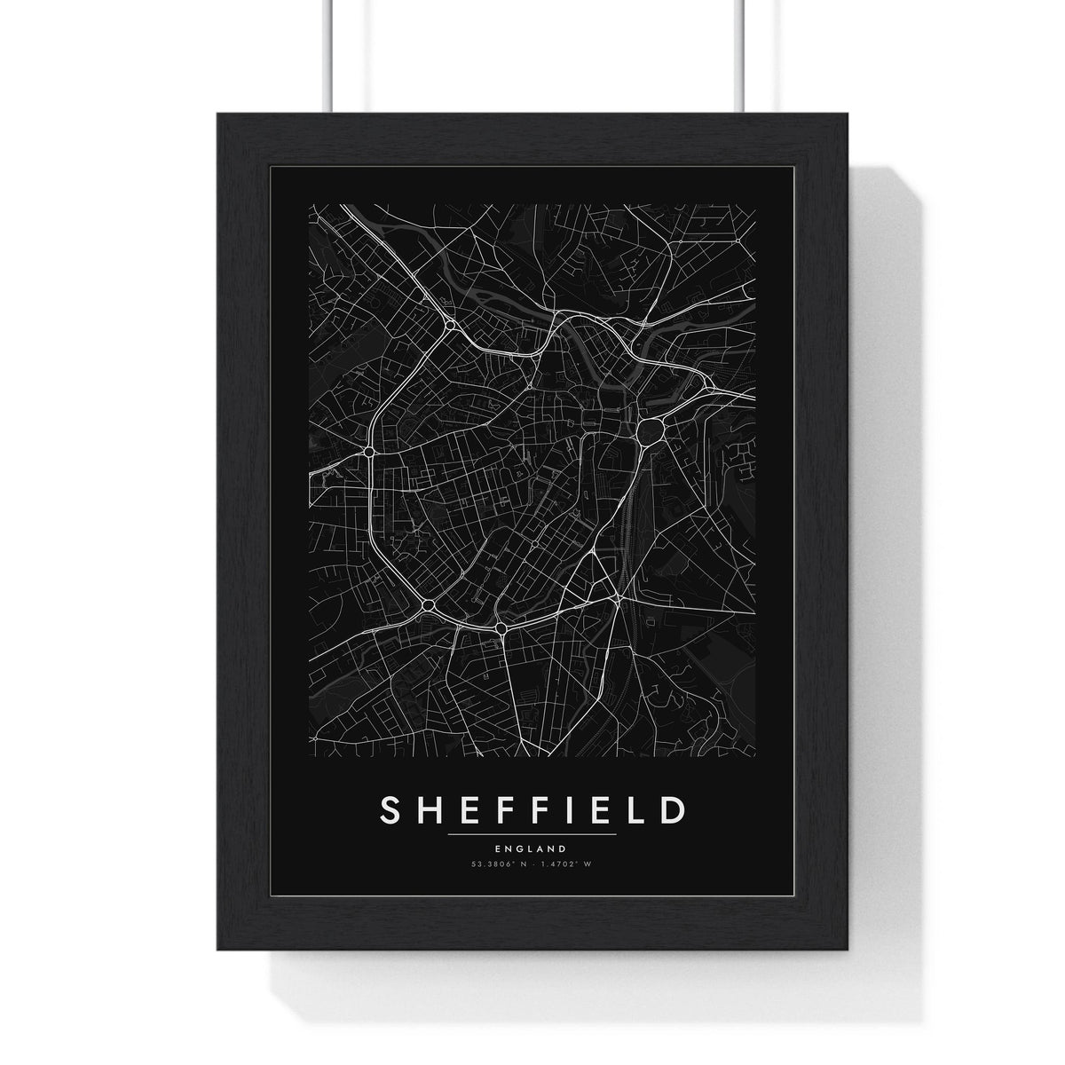Sheffield street map poster in black, minimal city map print framed in a black frame
