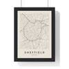 Sheffield street map poster in cream, minimal city map print framed in a black frame