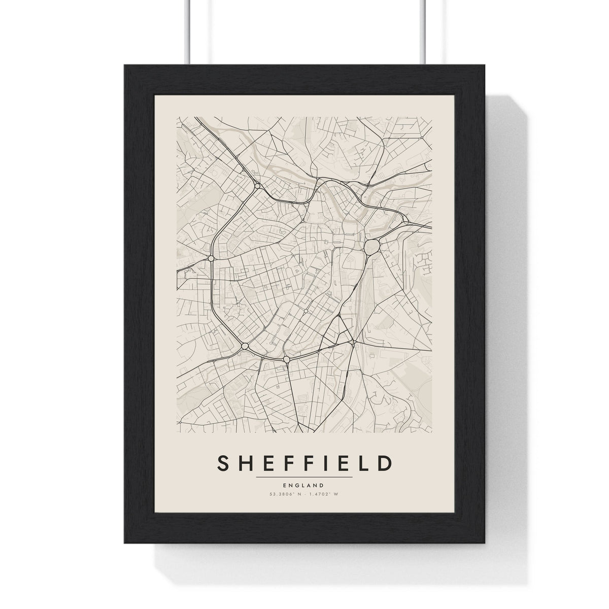 Sheffield street map poster in cream, minimal city map print framed in a black frame