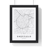 Sheffield street map poster in white, minimal city map print framed in a black frame