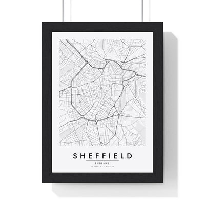Sheffield street map poster in white, minimal city map print framed in a black frame