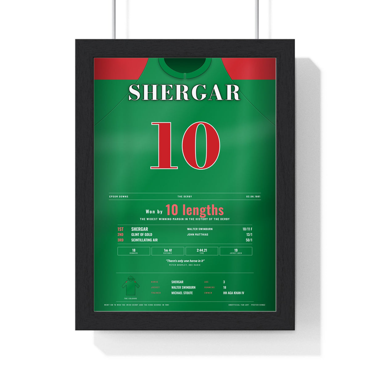Shergar Derby 1981 Horse Racing Poster - Won by 10 Lengths Silks Print framed in a black frame, ready to hang