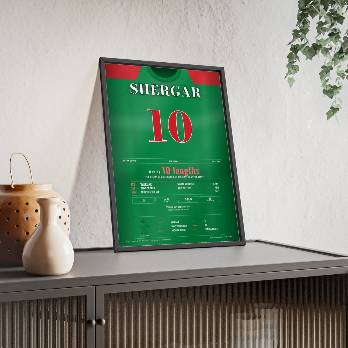Shergar Derby 1981 Horse Racing Poster - Won by 10 Lengths Silks Print framed and leaning on a sideboard