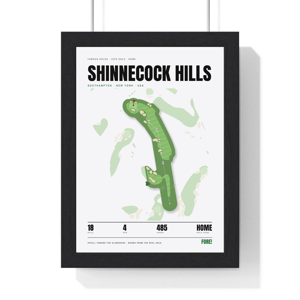 Shinnecock Hills 18th Hole White print framed in a black frame, ready to hang