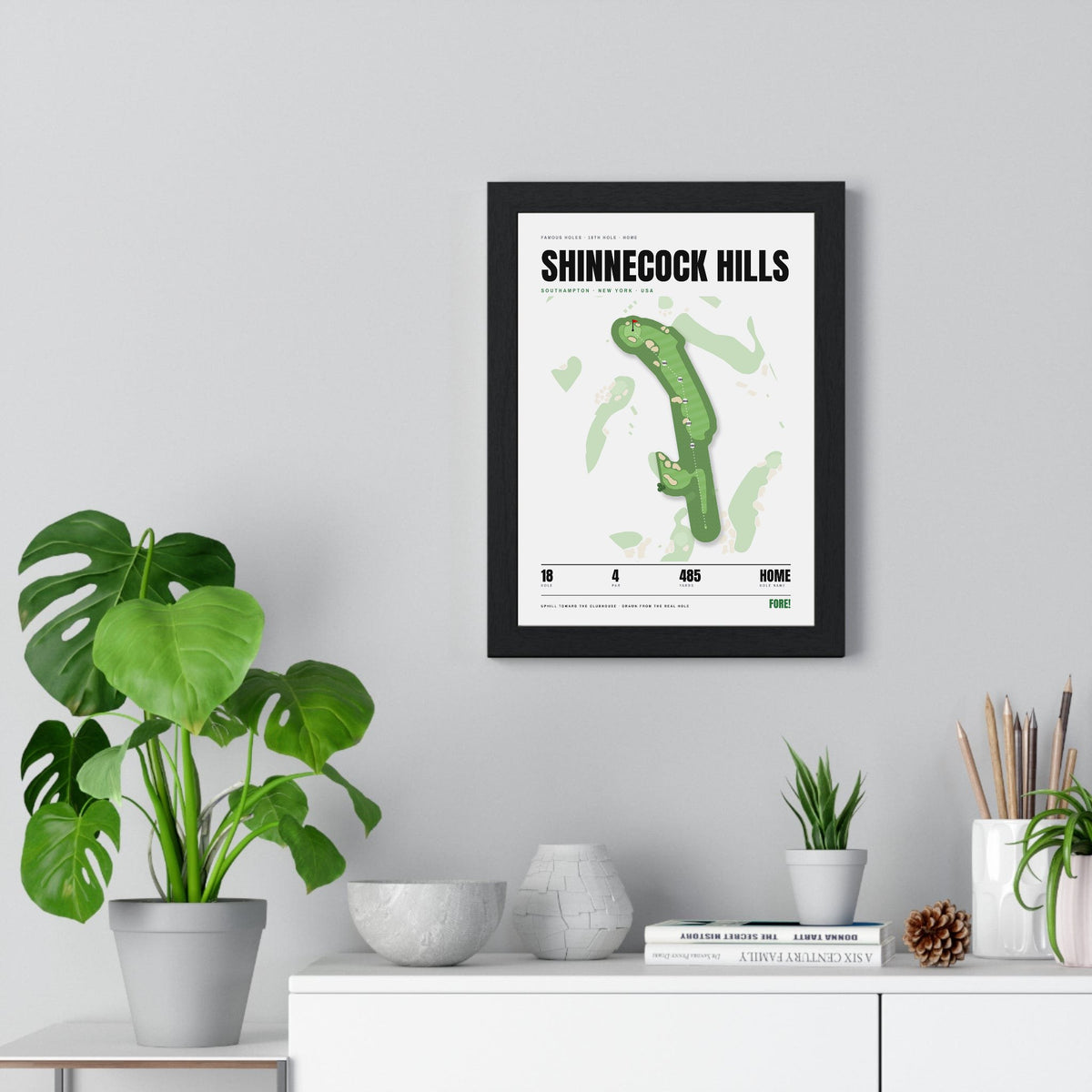 Shinnecock Hills 18th Hole White print framed on a living room wall